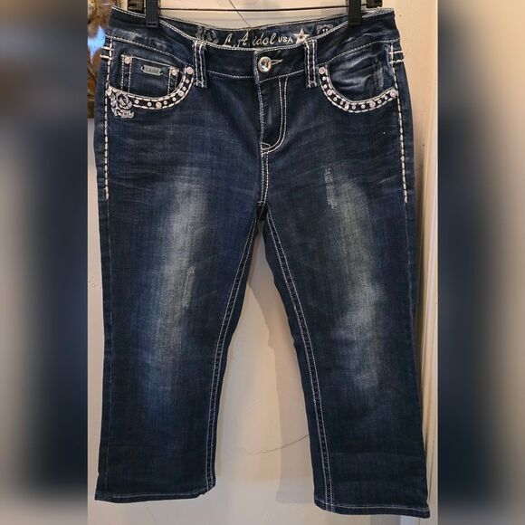 L.A. Idol Dark Blue Embellished Capris 11 - Picture 3 of 8